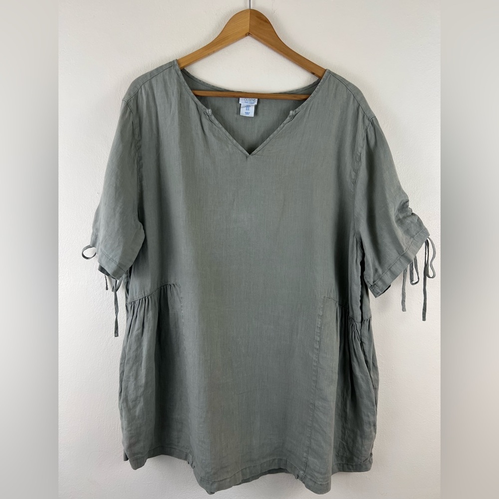 XL 100% Linen Sigrid Olsen Minimalist Lagenlook Tied Sleeves Boho V-Neck Tunic